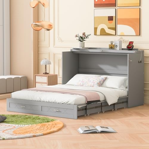 Harper & Bright Designs Queen Size Murphy Wall Bed, Chest Cube Cabinet With USB, Charging Station and Large Storage Drawer for Home Office