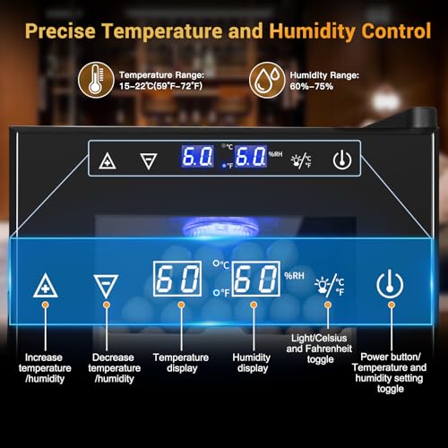 Electric Humidor for Cigars, 35L 250 Counts Large Capacity Thermostatic Desktop Humidor Cabinet with Digital LED Screen, Safety Lock