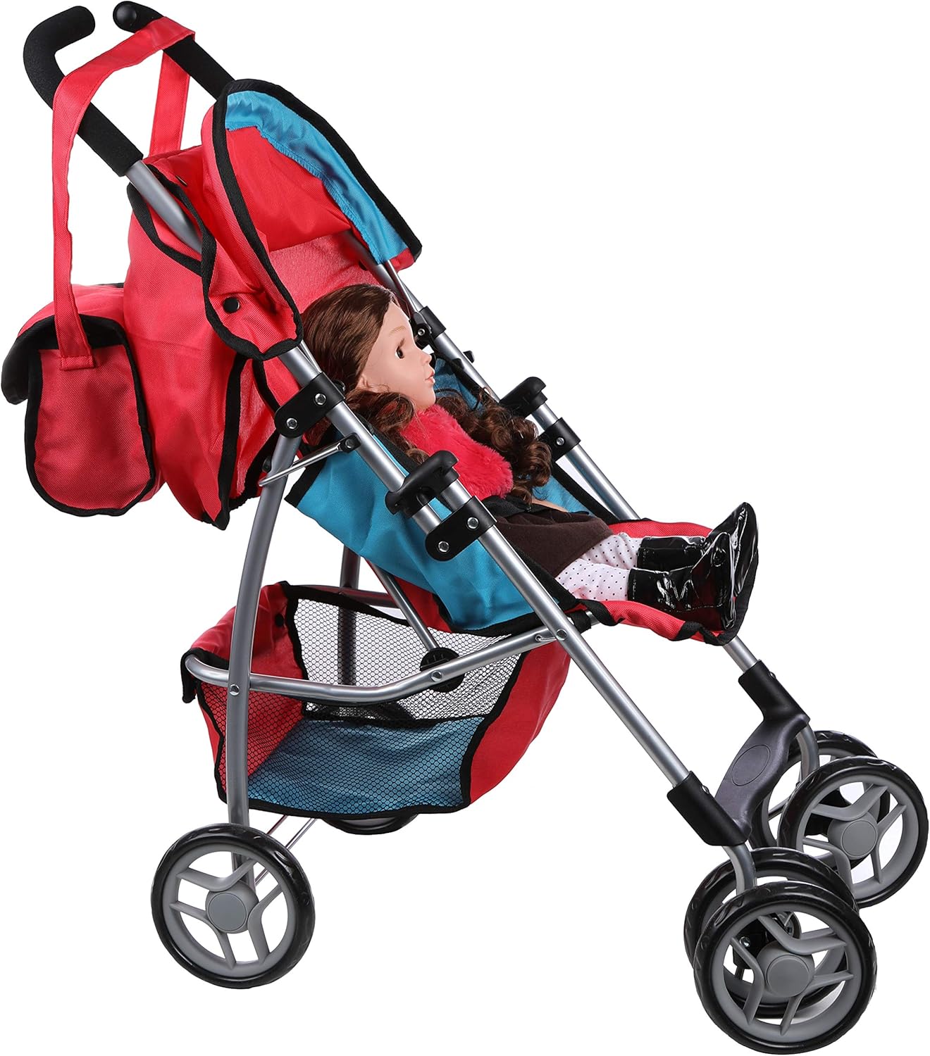 Mommy & Me Baby Doll Stroller Foldable Umbrella Doll Stroller with Swiveling Wheels, Basket, and Carriage Bag for Toddlers, and Little Girls