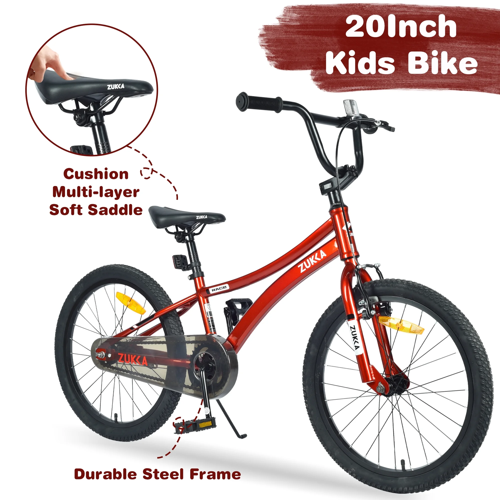 20 Inch Boys Bike, Kids' Bicycles for Kids Ages 7 - 10, Single Speed Boys Bikes with Steel Frame, Adjustable Seat Height, Red