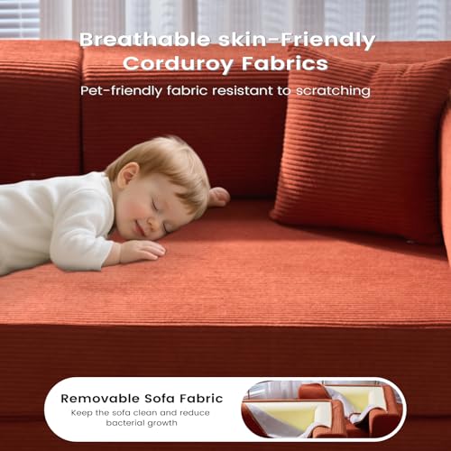 Convertible Sleeper Sofa Bed No Assembly Corduroy Upholstered Green Modular Floor Couch Queen/King Size Foldable Futon with Memory Foam for Apartment