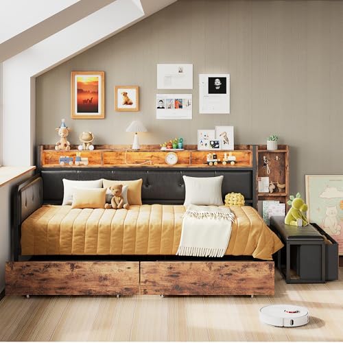 ANCTOR Corner Bed Frame, Twin Daybed with 2 Drawers & Charging Station, Platform Bed Frame Bookcase Headboard for Living Room, Bedroom and Guest Room