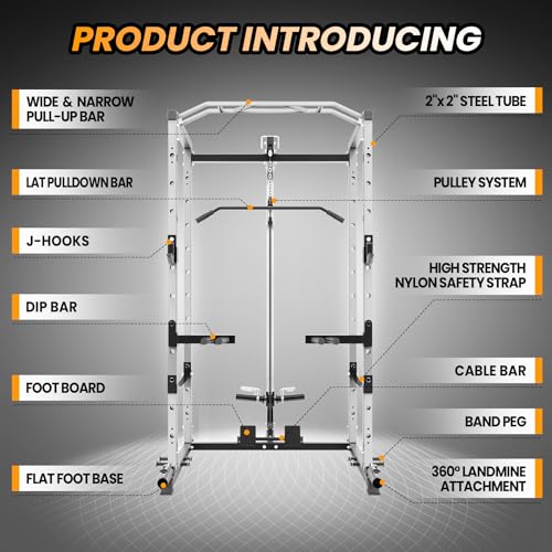 Power Cage with LAT Pulldown, Multi-Functional Power Rack with Cable Pulley System and J-Hooks, Squat Rack with Dip Bars and Landmine Attachment