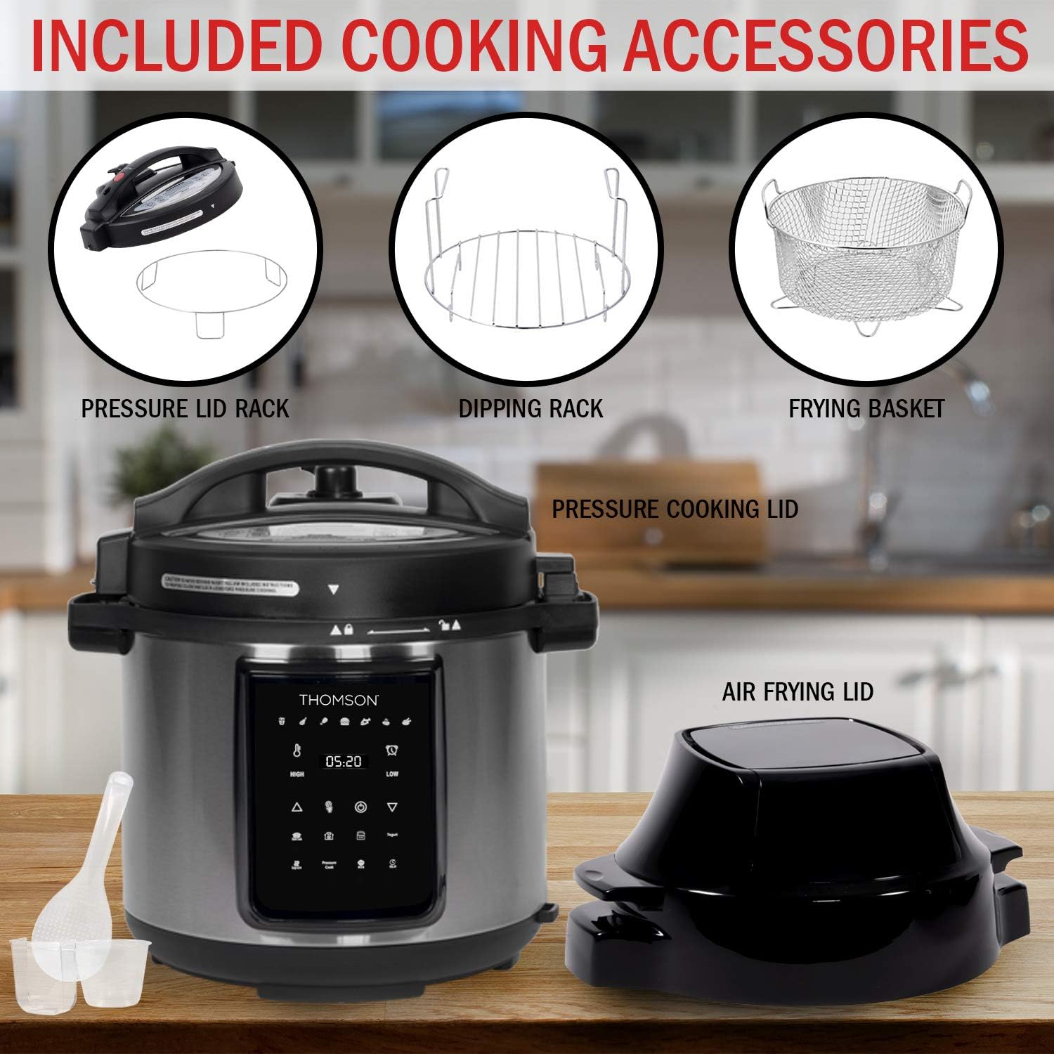Thomson TFPC607 9-in-1 Pressure Cooker and Air Fryer with Dual Lid, Slow Cooker and More, Digital Touch Display, 6.5 QT Capacity