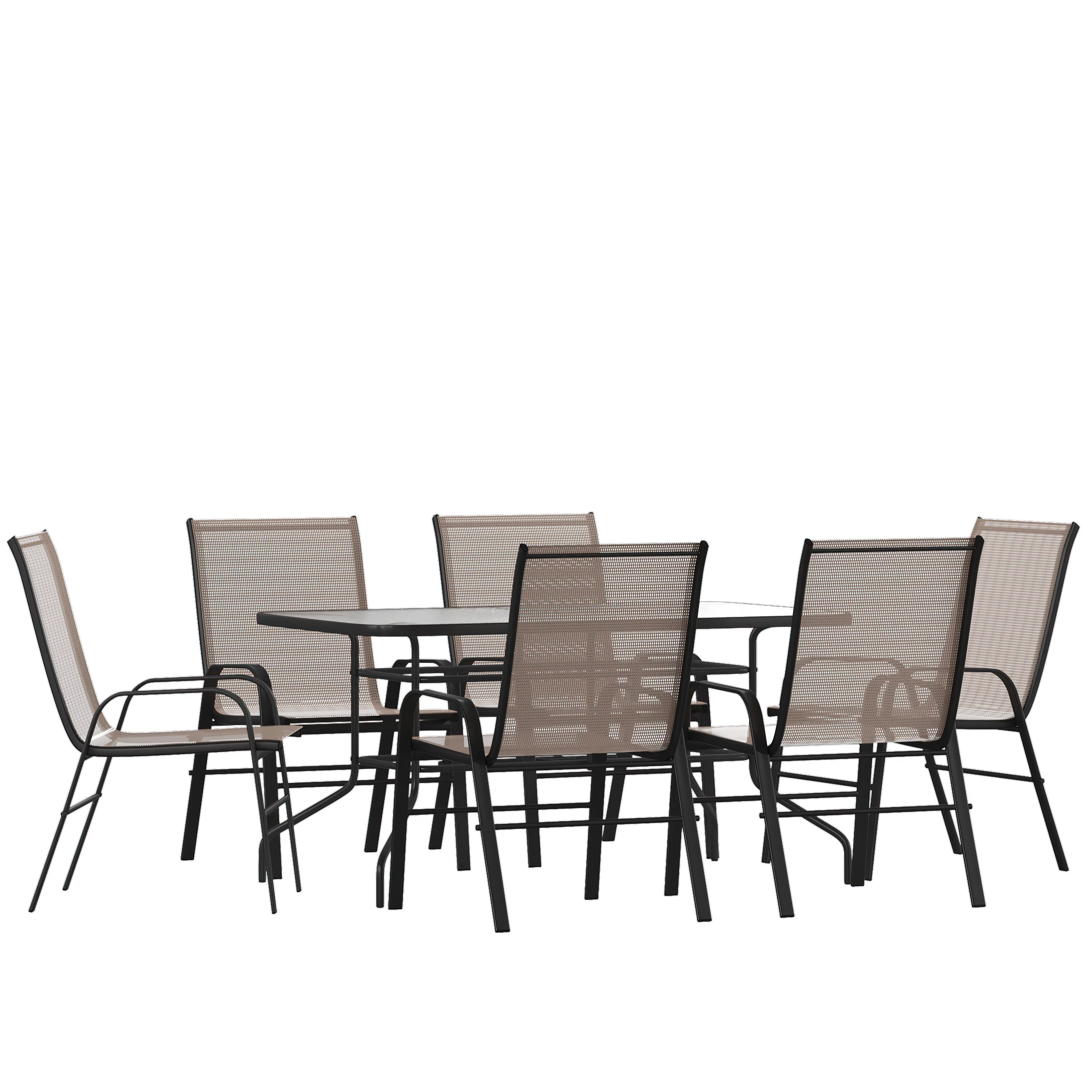 BizChair 7 Piece Outdoor Patio Dining Set - 55" Tempered Glass Patio Table with Umbrella Hole, 6 Brown Flex Comfort Stack Chairs