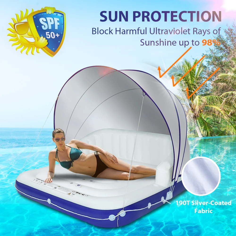 ELECWISH Inflatable Pool Float 2-3 Person Giant Pool Float Lounge with UPF50 Retractable Canopy and Cup Holder Swimming Raft Floating Island