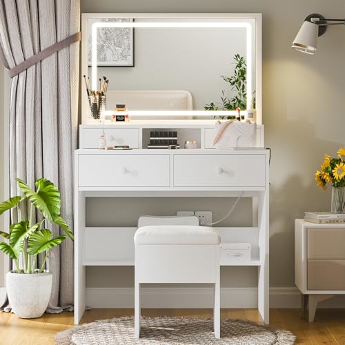 Haewon Vanity Desk with Lighted Mirror and Charging Station, Makeup Vanity Table Set with 4 Drawers and Storage Chair
