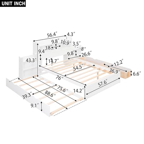 Full Size Storage Bed with Bookcase Headboard and Trundle, Wood Platform Bed Frame with Charging Station