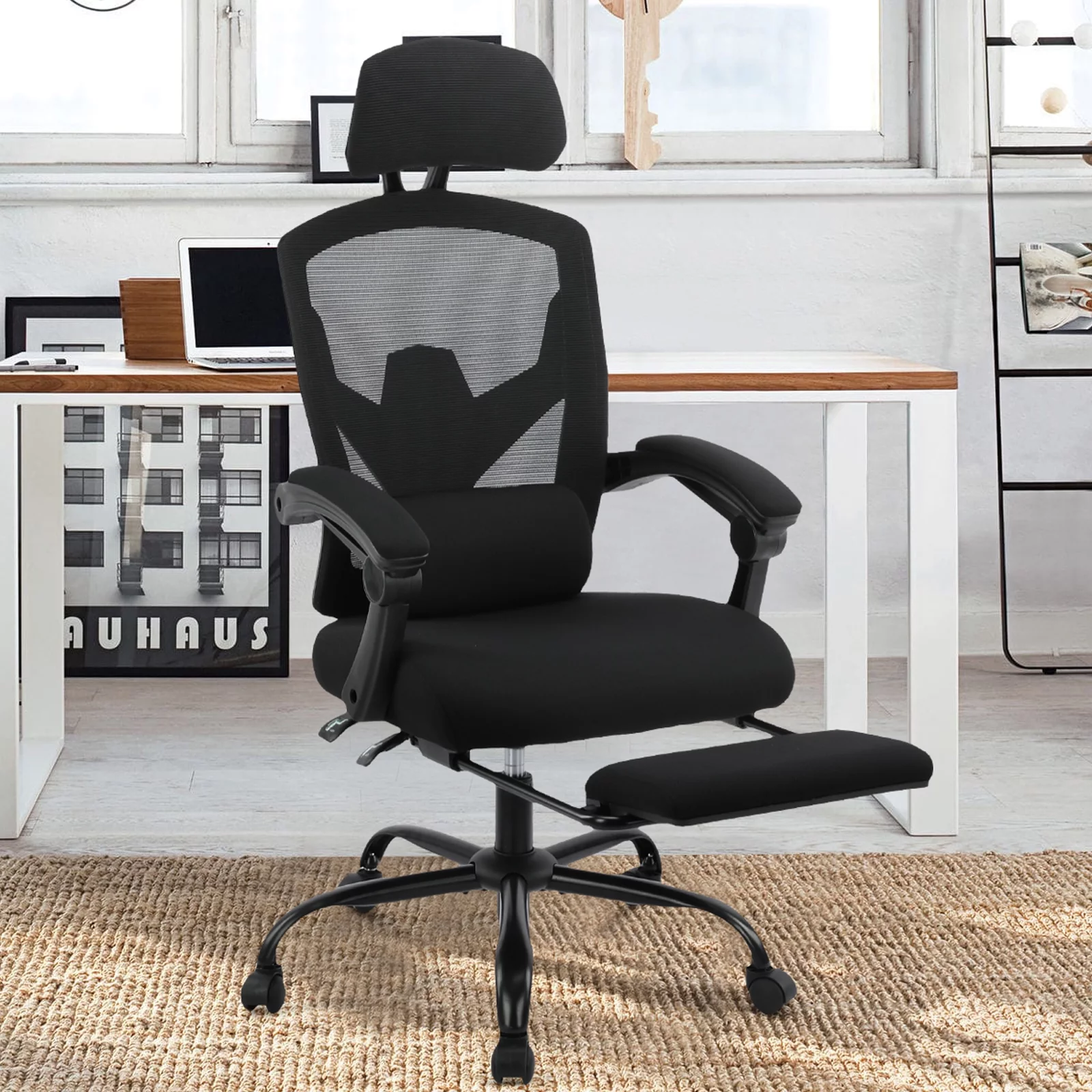 Colamy Office Ergonomic Mesh Black Computer Chair with Retractable Footrest and Head Support For Adult