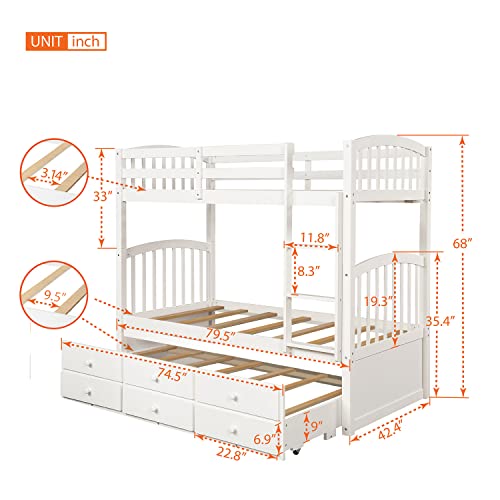 Harper & Bright Designs Twin Over Twin Bunk Bed with Trundle, Wooden Bunk Bed with 3 Storage Drawers and Safety Rail, Can be Convertible to 2 Beds