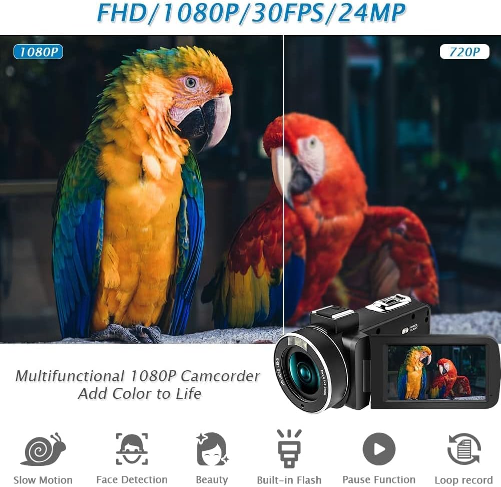 Video Camera Camcorder 1080P 24MP 30FPS with LED Fill Light Digital Camera 18X Zoom Camcorder 3.0 Inch 270 Degree Rotation Vlogging Camera for