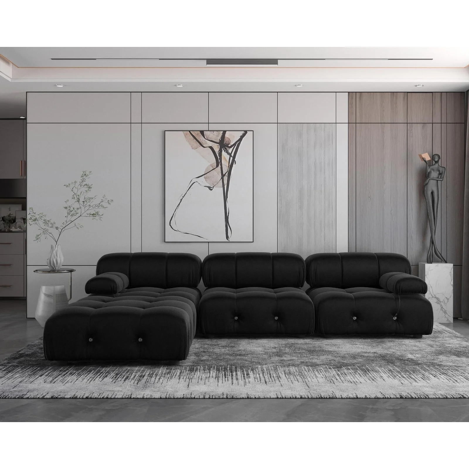 Black Modular Sectional Sofa Velvet Upholstered Sofa L-Shape