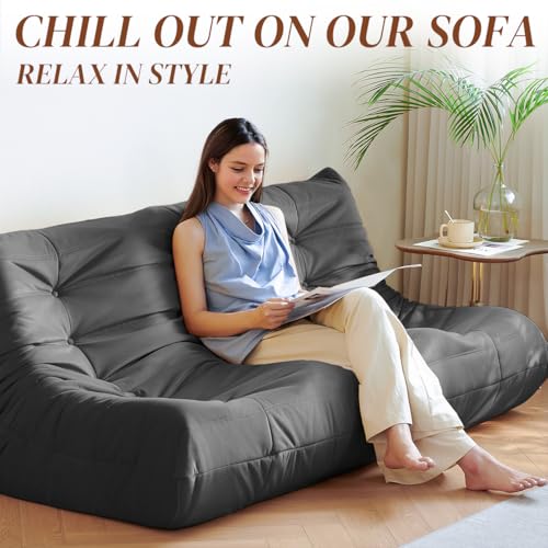 Bean Bag Chair for Adults - Suede & Microfiber Fireside Floor Chair, Comfortable Corner Lounge Sofa for Living Room, Bedroom, Office (3-Seater, Beige)