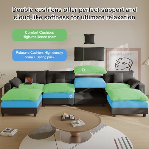 Modular Sectional Sofa, Cloud Couch with Ottoman, Charging Station, Throw Pillows, Cup Holders, Modern Convertible U Shaped Couches for Living Room