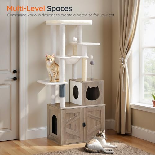 HOOBRO Cat Tree with Litter Box Enclosure, Tall Cat Tower for Indoor Cats, All-in-One Modern Cat Condo, Hidden Litter Box Enclosure Furniture