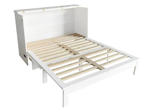 Queen Size Murphy Bed with Desk & Charging Station,Wall Bed Frame Folding into Cabinet Design w/LED & Storage Shelf for Small Space,Bedroom