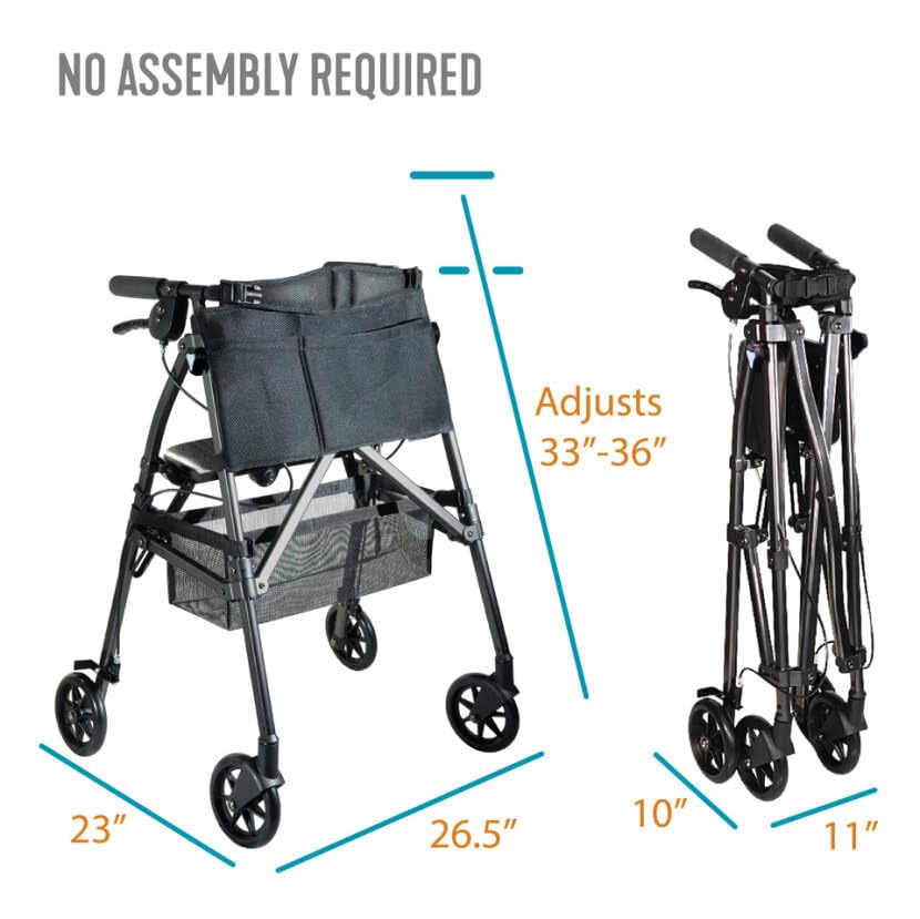Stander Wonder Rollator Plus Short, Lightweight Junior Folding Walker for Seniors and Adults, Travel EZ Fold-N-Go Rollator