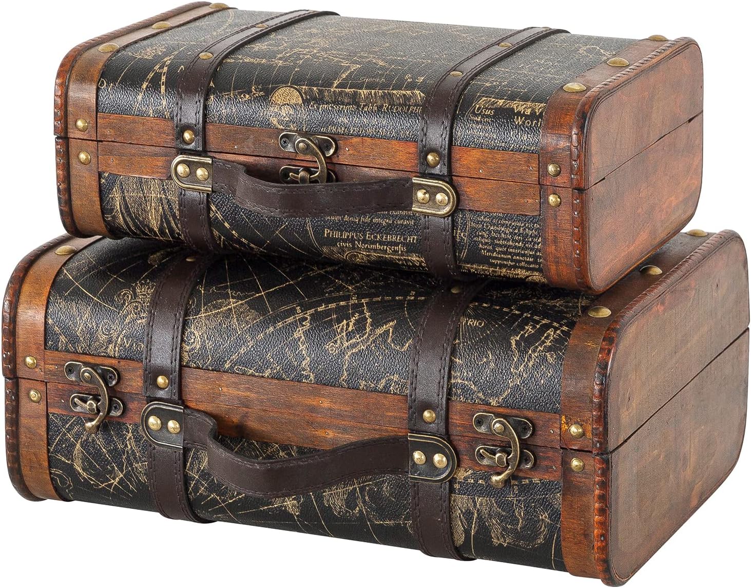 Soul & Lane Globetrotter Wooden Trunk Suitcases with Handle - Set of 2 | Vintage Wood Storage Chest Set