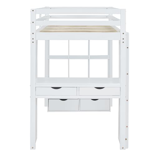 Full Size Loft Bed with Desk & Wardrobe, Solid Wood Kids Loft Bedframe w/3 Storage Drawers & 2 Shelves, Maximum Space Design, for Bedroom, Dorm, Gray