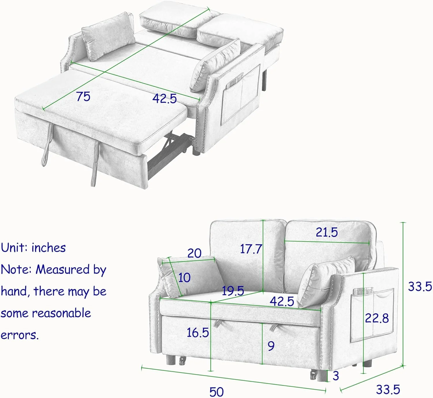 Convertible Sleeper Sofa With Pull Out Bed, 3-In-1 Velvet Small Loveseat With Nailhead Design & Side Storage Pockets
