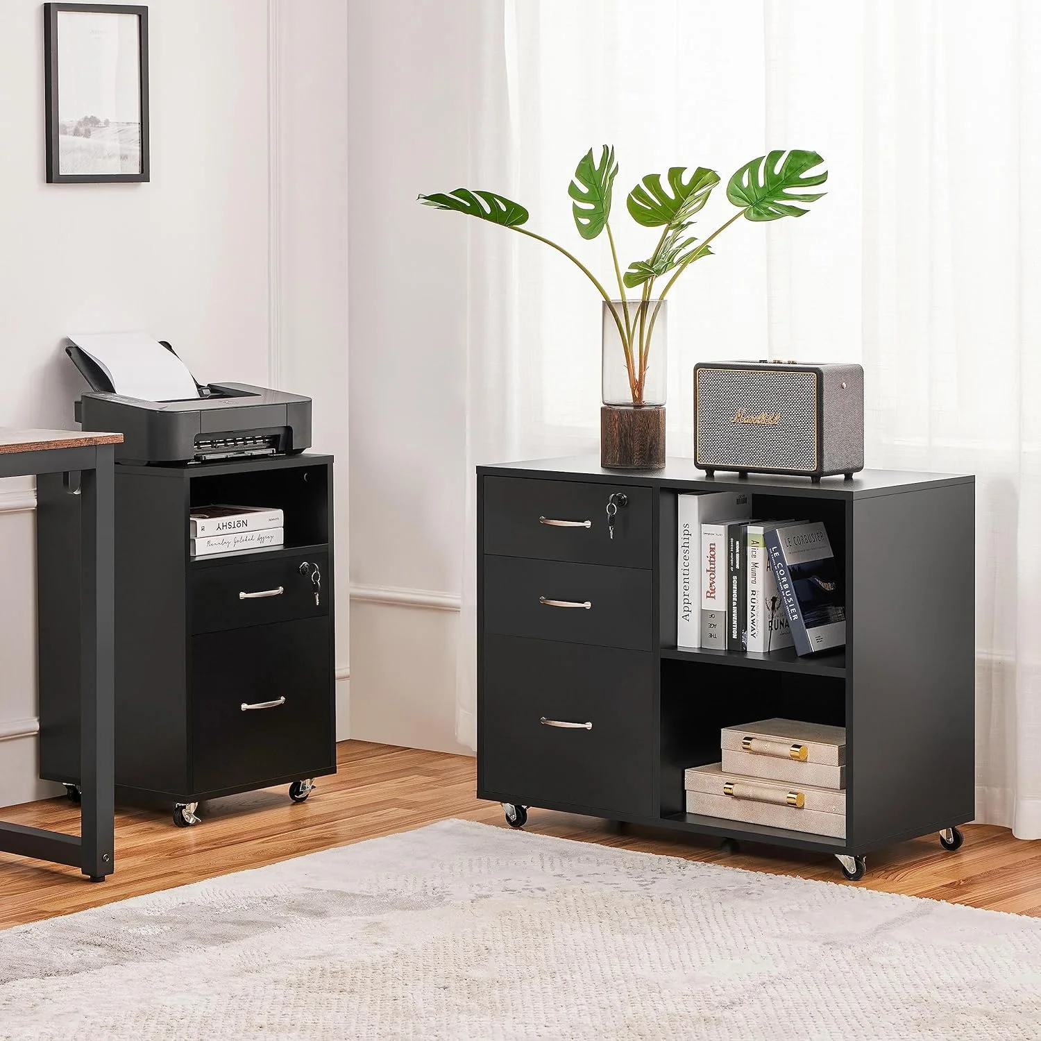 Black File Cabinet with Lock for Letter, A4 Size,3 Drawer Lateral Filing Cabinet Printer Stand with Open Storage Compartments
