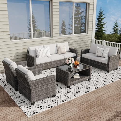 6 Piece Outdoor Patio Furniture Set with Coffee Table, Rattan Deck Conversation Sofa Set