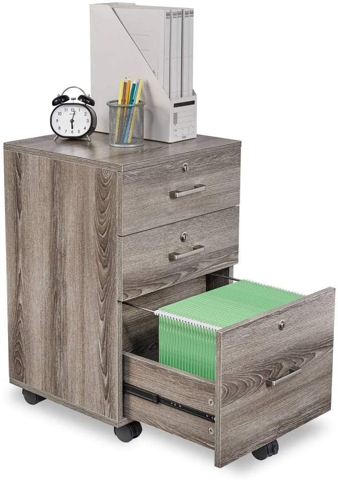 Bonnlo Upgraded 3-Drawer Rolling Wood File Cabinet with Lock, Mobile Filing Cabinet for Home Office, Under Desk File Cabinet, Assembly Required, Oak
