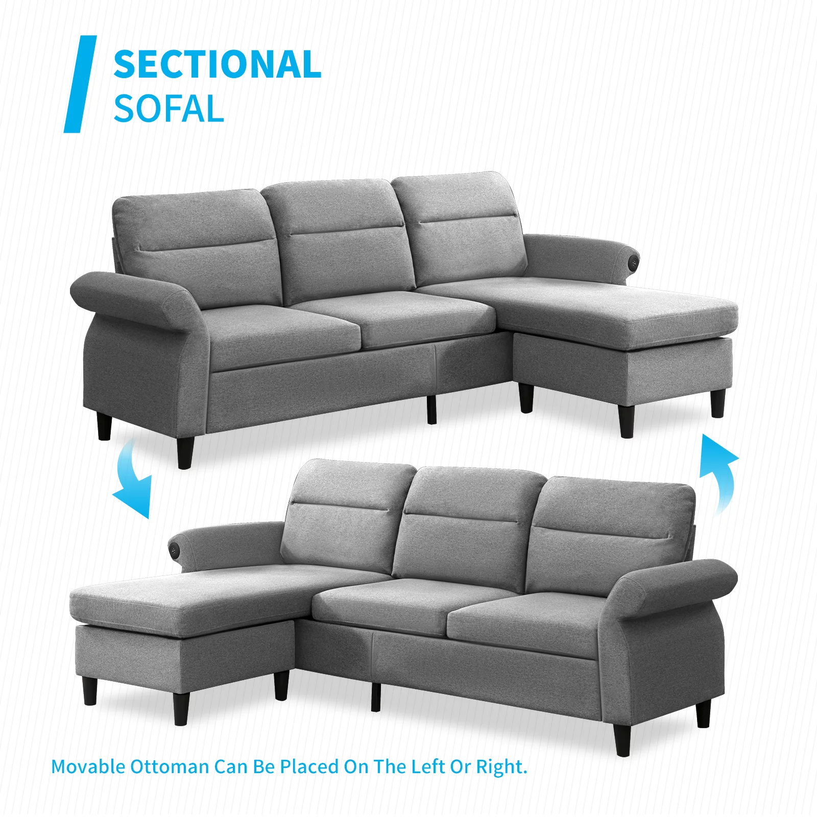 Mjkone Modern 88" W Convertible Sectional Sofa Couch with 2 USB Ports and Adjustable Armres,3 Seat L-Shape Sofa Couch with,Ottoman for Living Room