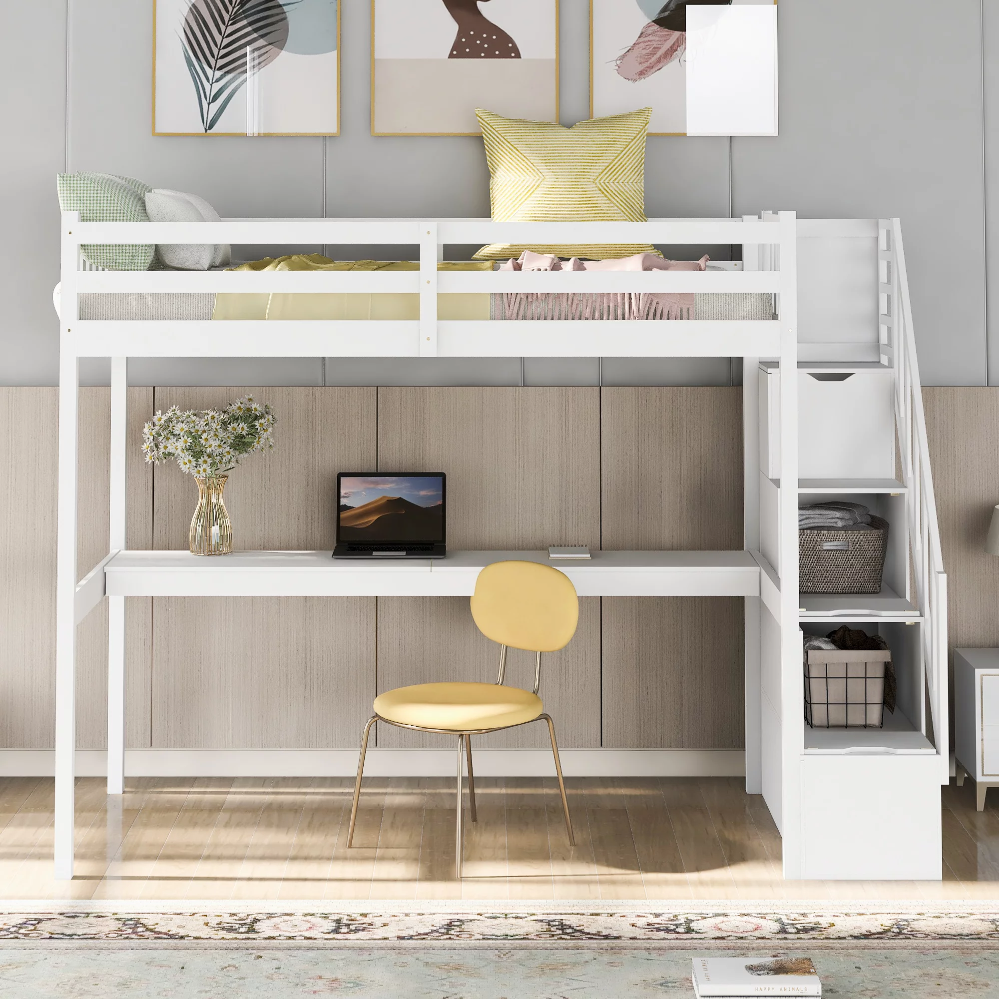 EUROCO Twin Size Loft Bed with Storage Staircase and Built-in Desk, White