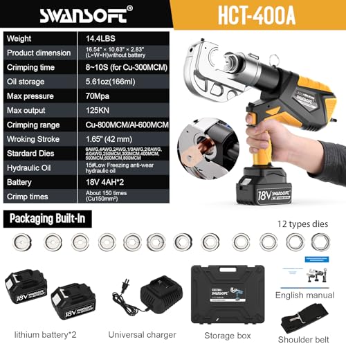 SWANSOFT Electric Hydraulic Cable Lug Crimping Tool, 12Ton 6AWG-800MCM Rechargeable Hydraulic Crimper for Cu/Al Terminal