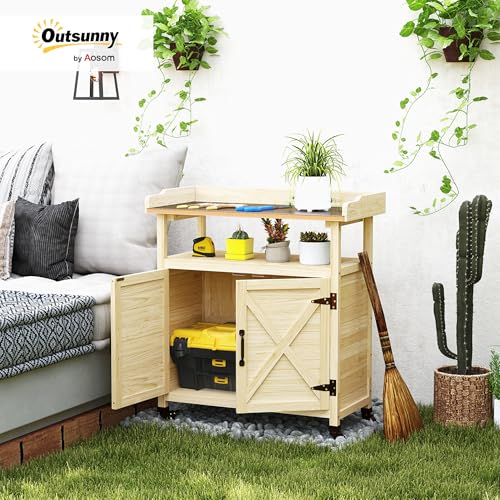 Outsunny Outdoor Wooden Potting Bench Table, Garden Workstation with Storage Cabinet, Aluminum Table Top, Rubber Wheels for Backyard, Patio, Balcony