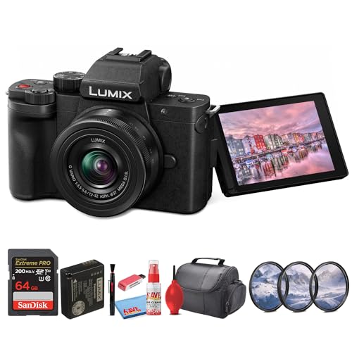 Panasonic Lumix G100 4K Mirrorless Camera with 12-32mm Lens for Photo and Video Vlogging (DC-G100KK) + Filter Kit + 64GB Card + Card Reader + Bag +