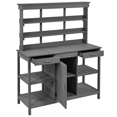 Merax 66" Large Outdoor Farmhouse Wooden Potting Bench Table, Garden Workstation with 2 Drawers, Cabinet, and Open Shelves for Backyard, Mudroom