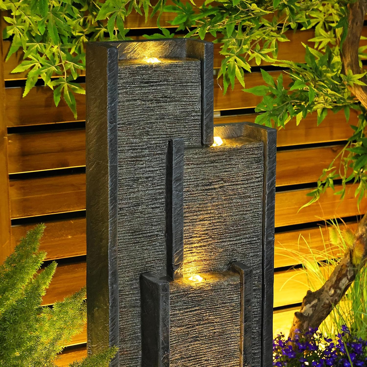 Water Fall Fountains Indoor Outdoor - 39.3” Inches Tall Indoor Waterfall Fountain Outdoor Modern Waterfall Fountains with LED Lights for Garden