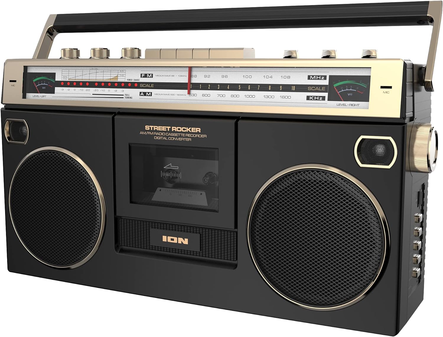Ion Audio 1980S-Style Portable Bluetooth Boombox AM/FM Radio Cassette Player Recorder, VU Meters, USB Recording