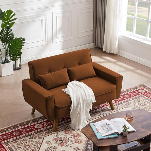 48.8" Small Loveseat Sofa, Mid Century Modern Love Seat Couch with Back Cushions and Wood Legs, 2 Seater Couches for Living Room, Bedroom