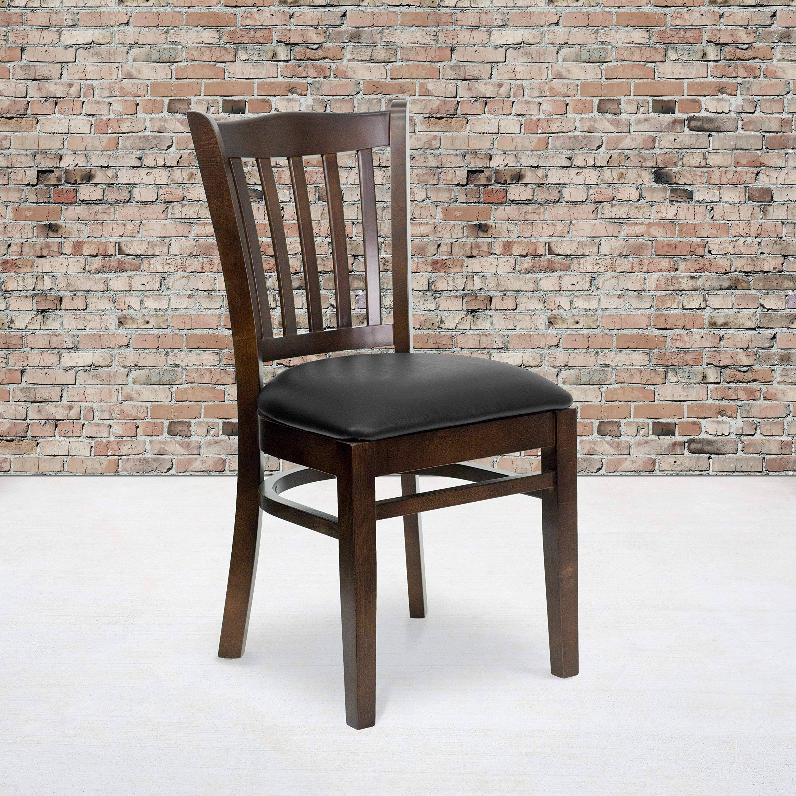 Flash Furniture 2 Pk. Hercules Series Vertical Slat Back Walnut Wood Restaurant Chair - Black Vinyl Seat