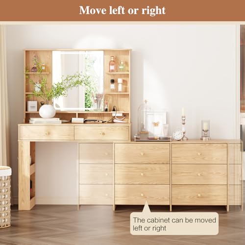 Large Makeup Vanity Desk with Mirror and Lights, Vanity Desk with 8 Drawers & Storage Shelves, Vanity Table with Power Outlet