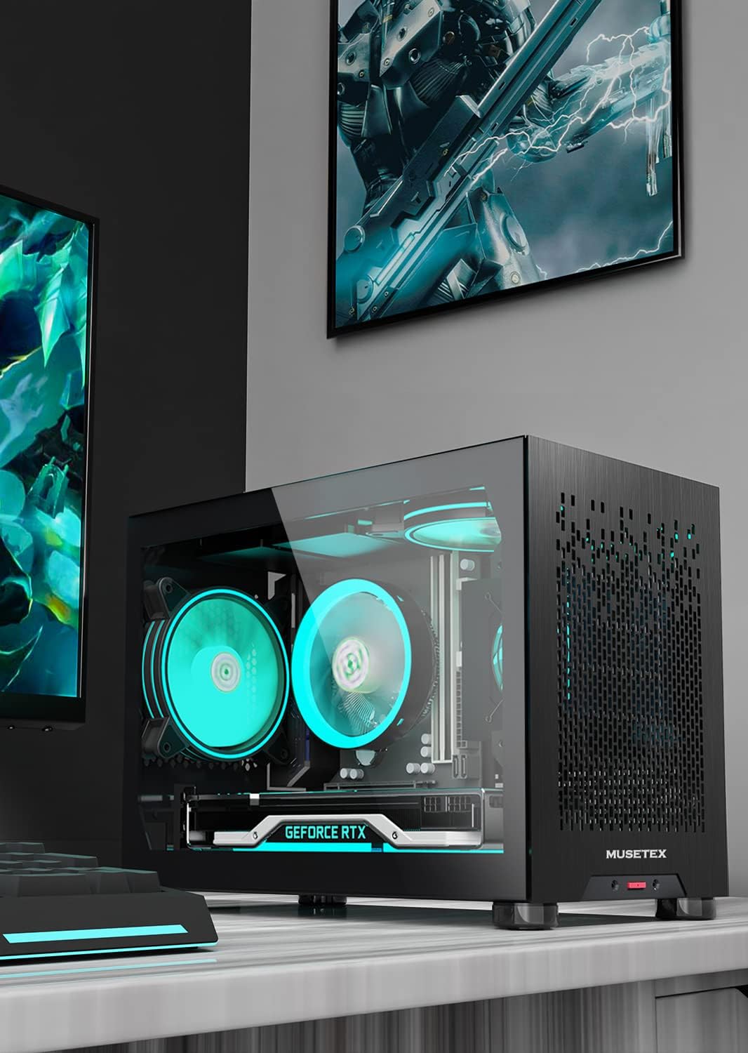 MUSETEX Mini-ITX PC Case, Tempered Glass Computer Gaming Case Small Compact, Aluminum Metal Brushed Texture Vented Panel, Black, T2