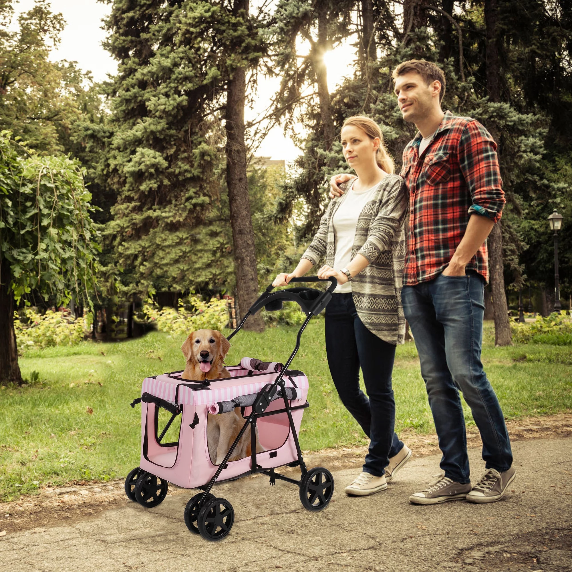 3-in-1 Folding Pet Dog Stroller, 4-Wheel Travel Dog Stroller with Water Cup Holder and Detachable Carrier Bag