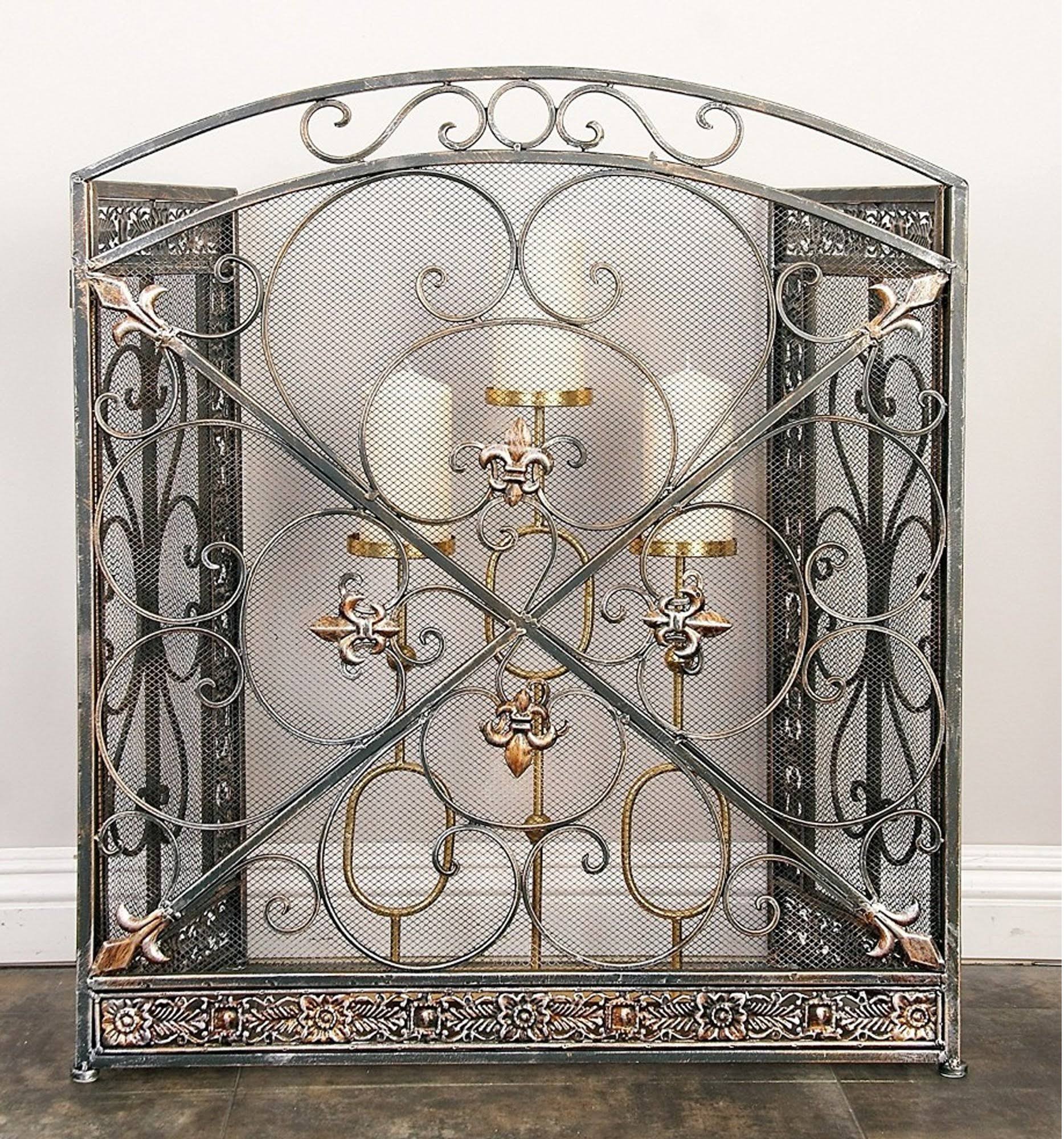 Benzara Traditional Design 3- Panel Metal Fire Screen, Bronze