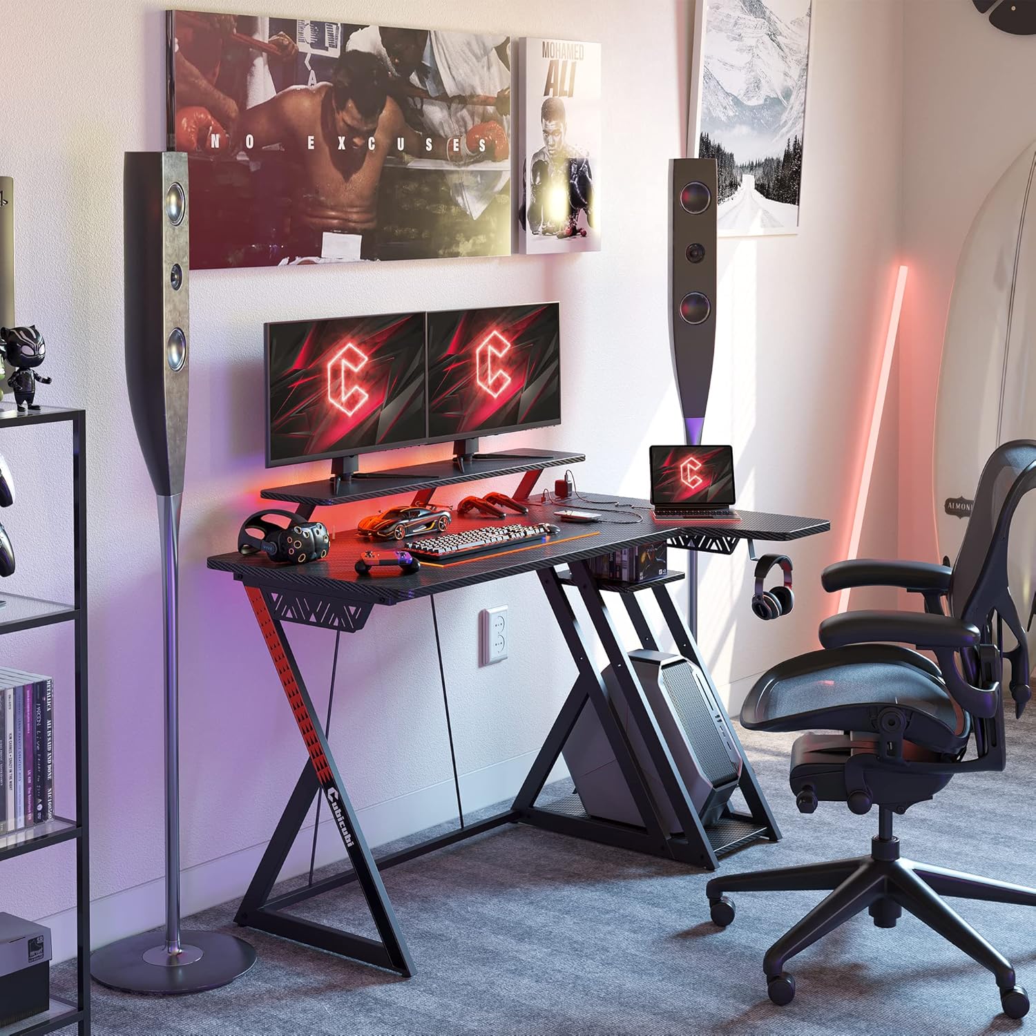 CubiCubi Aurora Gaming Desk with LED Lights & Power Outlets, 40 Inch L Shaped Carbon Fiber Surface Desk with Storage Shelves