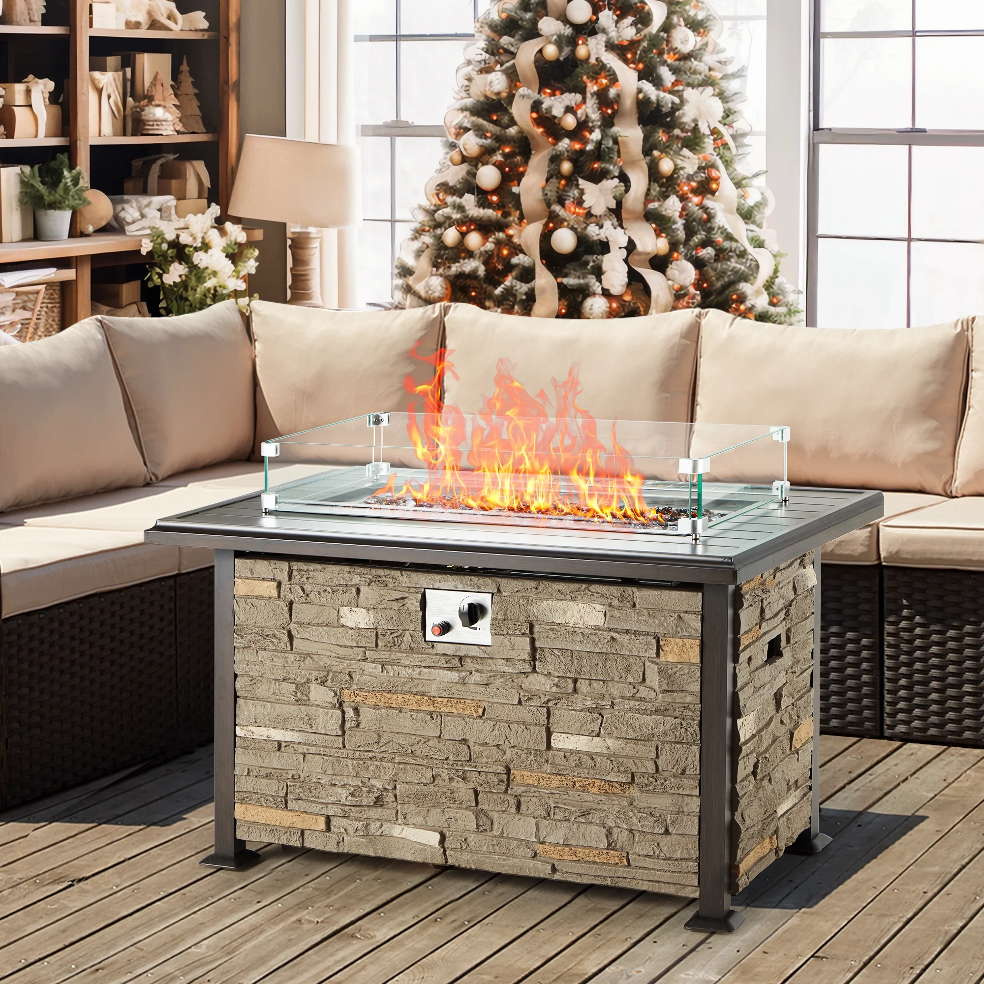 Homrest 44 Inch Aluminum Propane Fire Pit Table w/ Faux Ledgestone, Hand-Painted Table Top, 50,000 BTU Fire Table w/ CSA Certification,Wind Guard