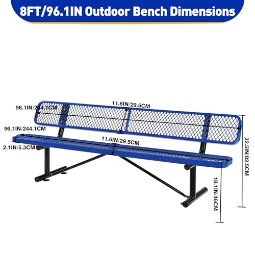 8FT Heavy Duty Park Bench with Back Portable Frame, Outdoor Metal Park Bench with Backrest, Steel Mesh Outdoor Bench for Garden, Lawn, Patio, Porch