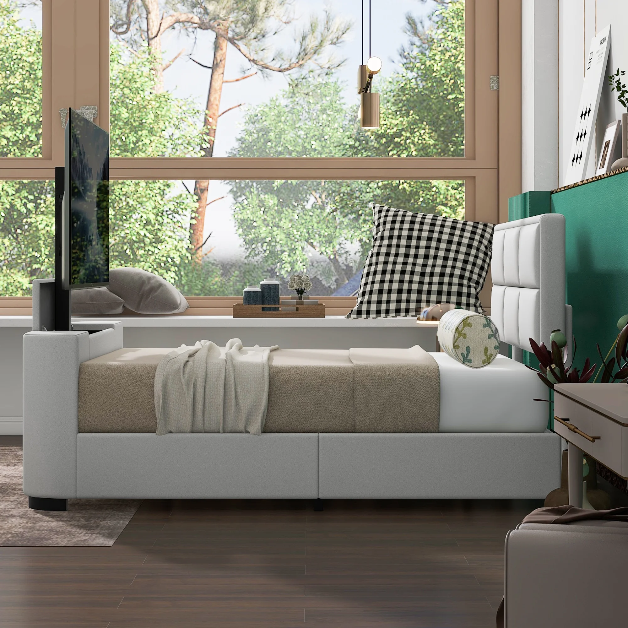 Euroco Upholstery Queen Size Platform Bed, Gaming Bed with Hidden TV Mount and Adjustable Headboard for Living Room, Beige