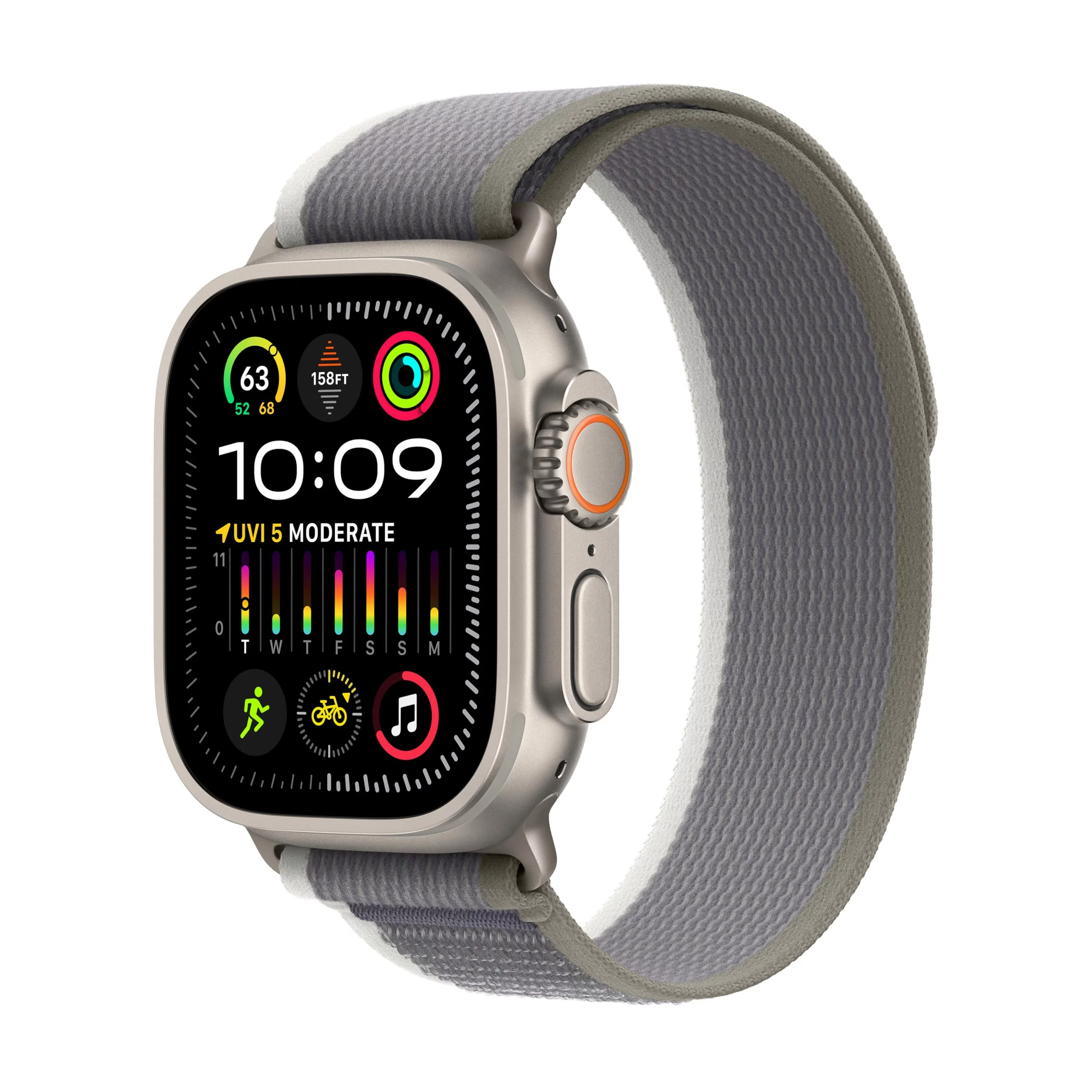 Apple Watch Ultra 2 [GPS + Cellular 49mm] Smartwatch with Rugged Titanium Case & Green/Grey Trail Loop S/M. (Carbon Neutral)