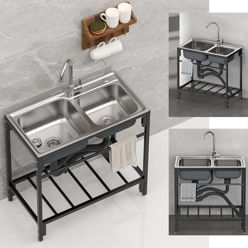 Outdoor Utility Sink Stainless Steel Double Bowl Sink Free Standing Commercial Restaurant Kitchen Sink with Hot and Cold Faucet for Laundry,Garage