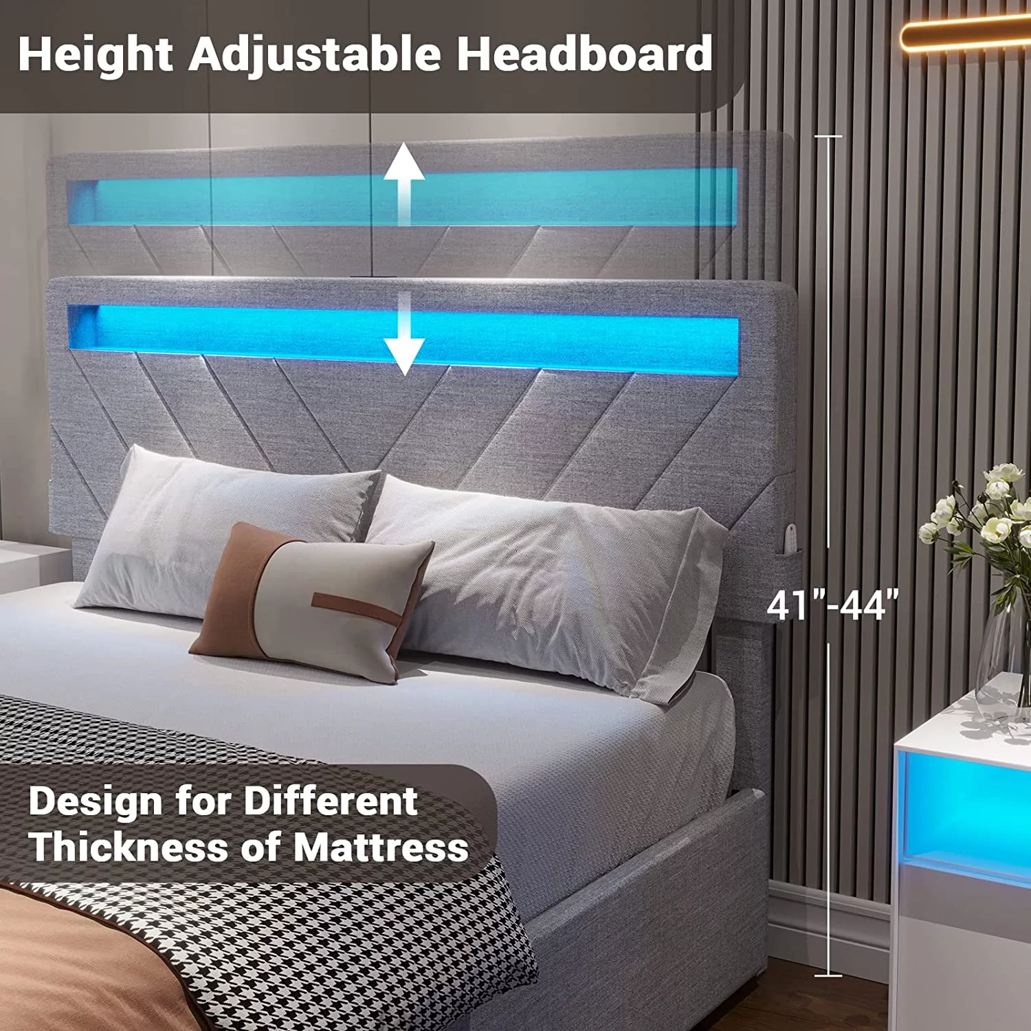 Queen Size Bed Frame with 4 Drawers, Upholstered Platform Bed with LED Lights Headboard and USB Charging Station, No Box Spring Needed, Dark Grey