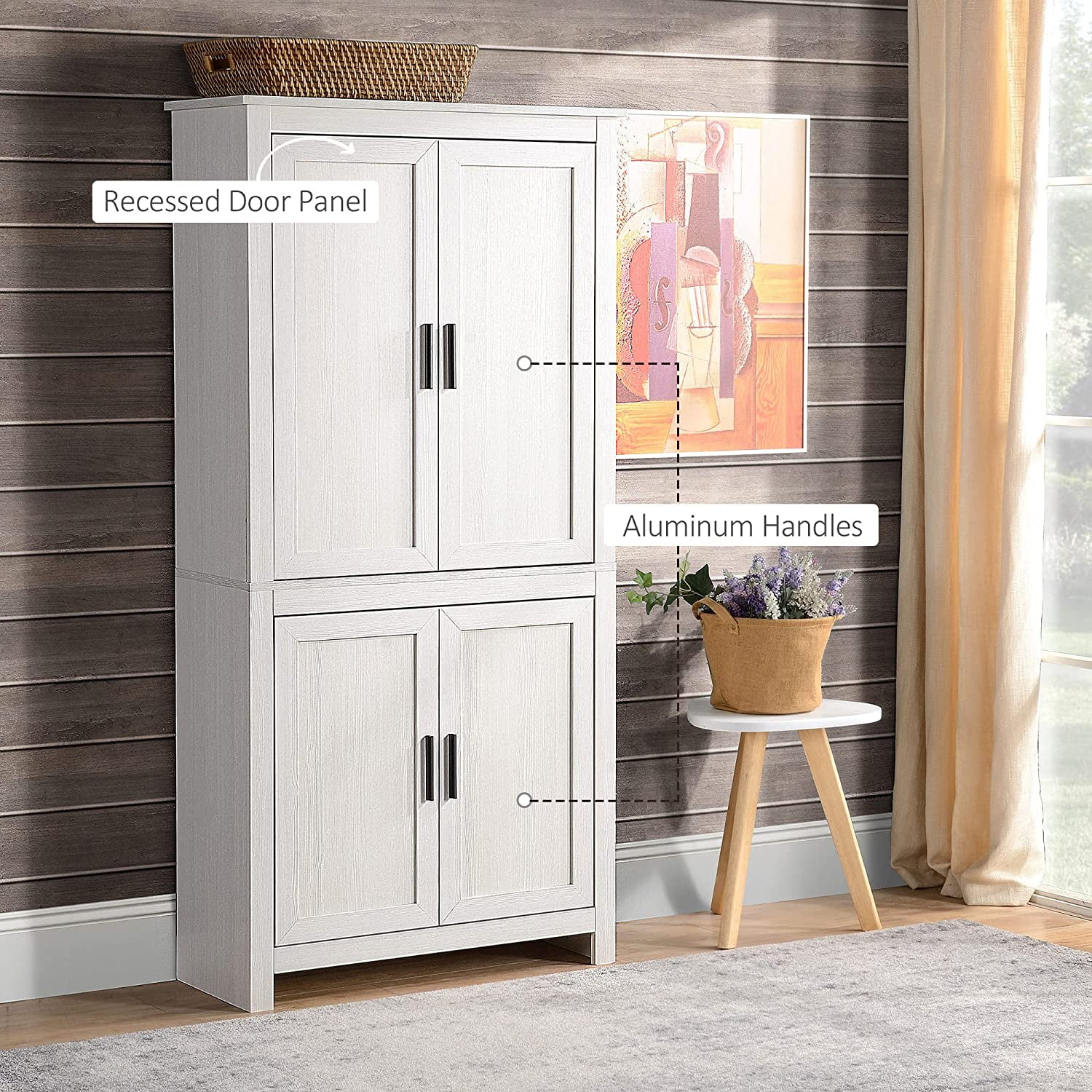 64" 4-Door Kitchen Pantry, Freestanding Storage Cabinet with 3 Adjustable Shelves for Kitchen, Dining or Living Room, Oak
