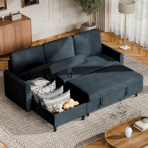 Vongrasig Convertible Sleeper Sofa, Pull Out Couch with Storage, 77" L-Shaped Sofa Bed with Storage Chaise Corduroy Fabric for Living Room, Apartment